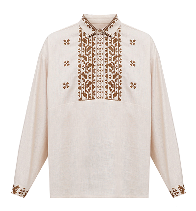 A light beige, long-sleeved linen shirt with a pointed collar, featuring a dense panel of brown geometric embroidery down the chest and matching embroidered patterns on the cuffs