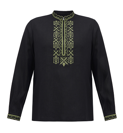 A black long-sleeved shirt with a mandarin collar, featuring intricate neon-green embroidery of trident symbols and crossed swords in a vertical panel down the chest and along the cuffs