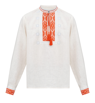 A white linen shirt with a mandarin collar and orange tassels, featuring a bold panel of orange diamond-patterned embroidery down the chest and matching designs on the cuffs